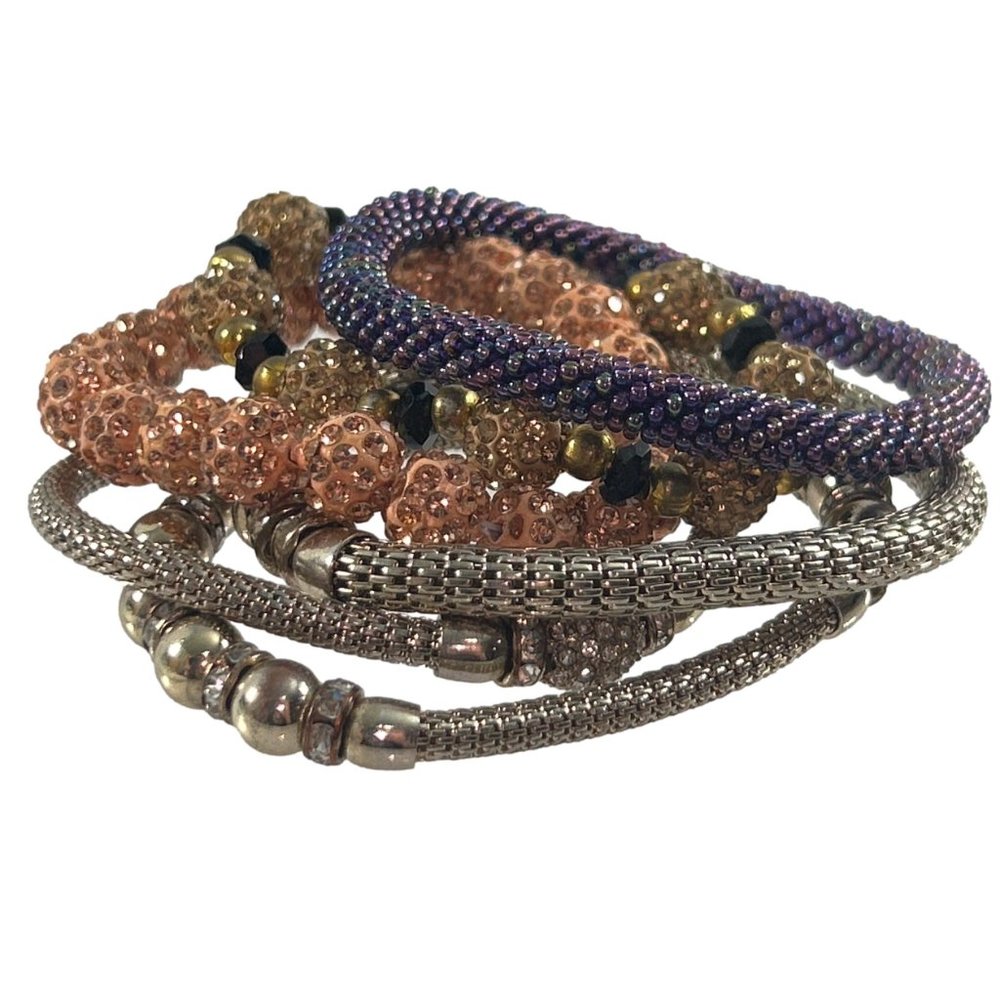 Stretch Bracelet Lot of 6 Silver Tone Disco Ball Rhinestones Stackable